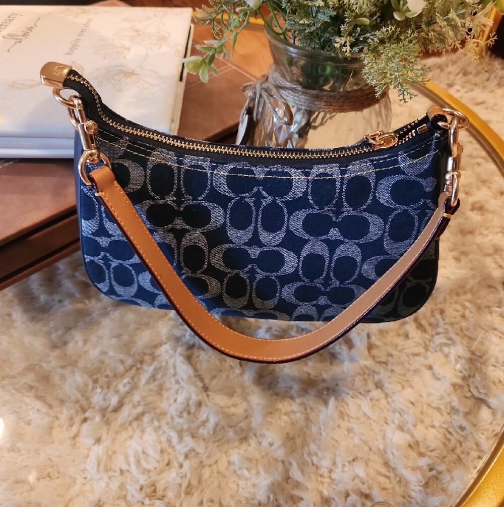 Coach Navy Signature Denim Mini Shoulder Bag with Gold Hardware - Picture 4 of 6